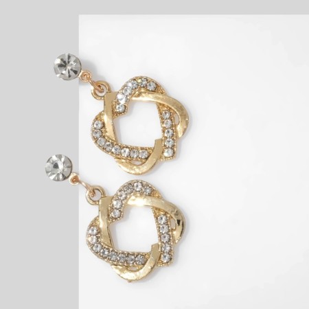 Earrings with rhinestones "Heart" interweaving, white color in gold-1