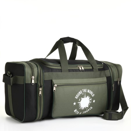 Road bag on a zipper, with an increase, 3 outer pockets, a long belt, black color/hack