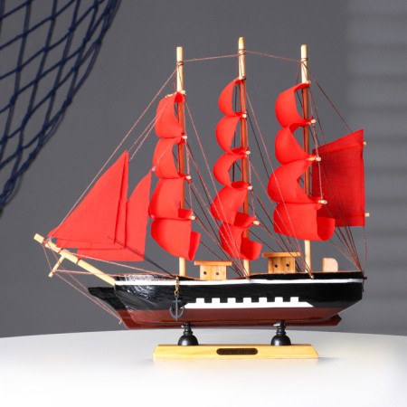 The ship souvenir medium "Flora", Black side with a white strip, red sails, 32x6.5x31 cm