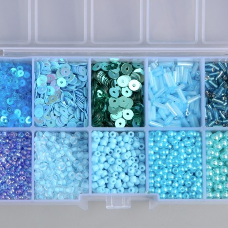 Glass 8/0, 12/0 in the box "Blue" beads, glass and sequins 13x6.5x2.3 cm-1