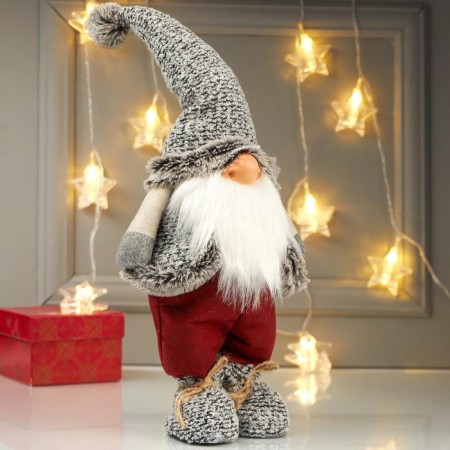 Interior doll "Grandpa in burgundy pants and gray jacket" 42x12x17 cm-1