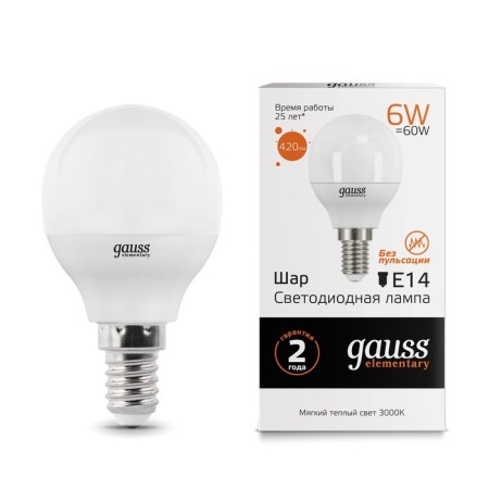 LED LED ELEMENTARY 6W ball 3000K TEPP. Bel. E14 420lm Gauss 53116