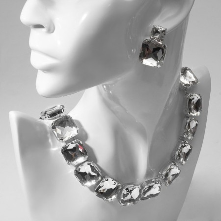 Set 2 objects: earrings, necklace “jewel” squares, white color in silver, 32 cm