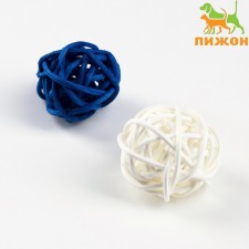 A set of 2 wicker balls from a vine without bells, 3 cm, white/blue