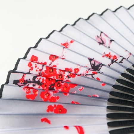 Fan bamboo, textiles h = 21 cm "red sakura with birds" white, with a brush-3