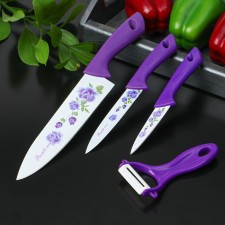 A set of kitchen utensils of the Dolyan, 4 objects: 3 knives with an anti -wound coating, blade 8.5 cm, 12 cm, 20 cm, vegetable cleaning, purple color