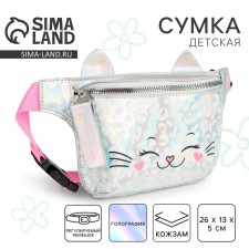 Сумка детская для девочки поясная "Кошечка", на молнии, цвет серебристый