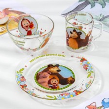 Set of dishes for children “Masha and the bear. Good afternoon ”, 3 objects: mug 250 ml, salad bowl d = 12.8 cm, plate d = 19.5 cm