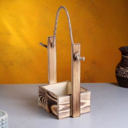 Kashpo wooden 15 × 12 × 25 cm "openwork", rectangular, handle rope, firing we give beautifully-1
