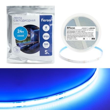 Feron 5 m, IP20, COB LED strip, 320 LED/m, 8 W/m, 24 V, glow of blue
