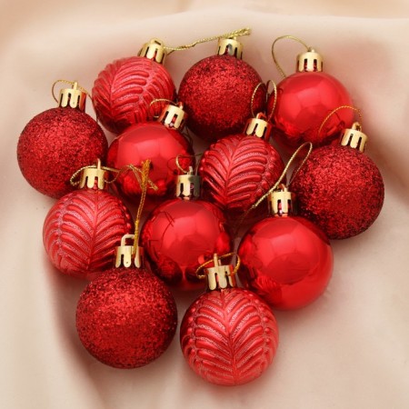 Set of balls plastic D-4 cm, 12 pcs "New Year's branches" red