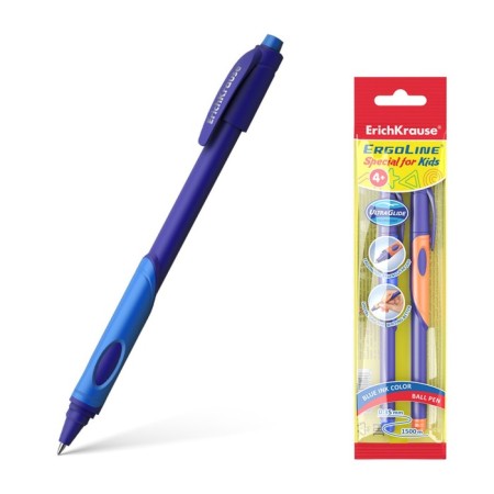 A set of ballpoints Erichkrause ergoline kids, 2 pieces, first-grader, an ergonomic holder, Soft-Touch building, 0.7 mm node, blue, mix, blister
