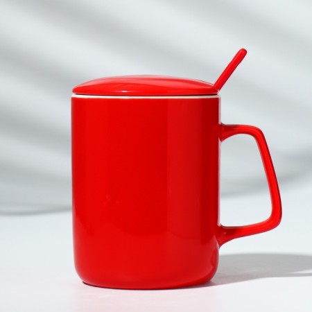 Ceramic mug with a spoon and lid "Miracles Time", 400 ml, red color-6