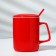 Ceramic mug with a spoon and lid "Miracles Time", 400 ml, red color