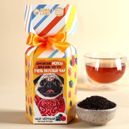Black tea in the British Pug Conflict box, taste: forest berries, 100 g.