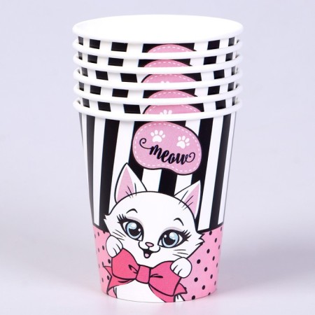 A set of paper dishes with masks "cat": 6 plates, 6 glasses, 6 masks-7