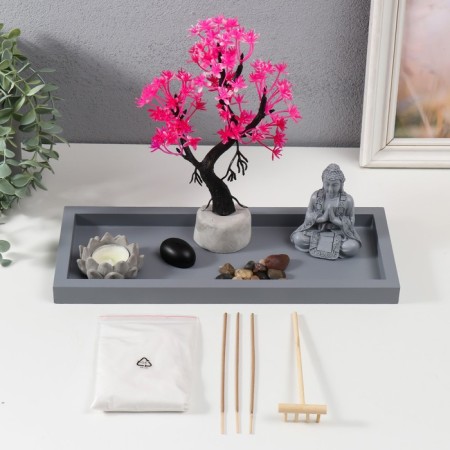 Zen Garden "Buddha Meditates Sakura" Sand+Stones+Aroma Back+Candle32x13x22 cm-5