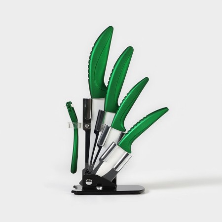 Kitchen kit on the stand “bend”, 5 objects: 4 knife, 7.5 cm, 10 cm, 13 cm, 15 cm, vegetable cleaning, green color
