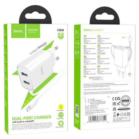 Network charger HOCO C103A, 2 USB, 2.1 A, built -in Lightning cable, 1 m, white-7