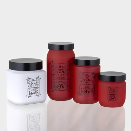 Glass Bank for bulk products "Love in the kitchen", 600 ml, red color-3