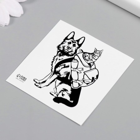 Tattoo on the body black "Dog with a cat in a backpack" 6x6 cm-4