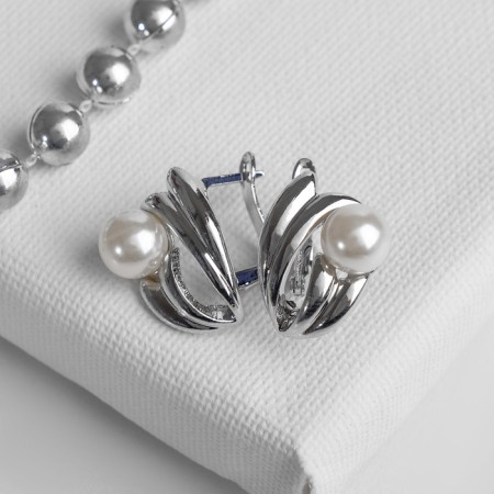 Earrings with pearls "Edel" abstraction, white color in silver