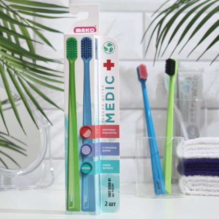 Medica toothbrush of medium stiffness, biodegradable, blue + green, 2 pcs.-2