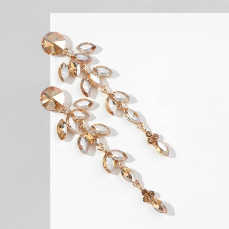 Hanging earrings with rhinestones "bun" deciduous, golden color in gold, 9.5 cm-3