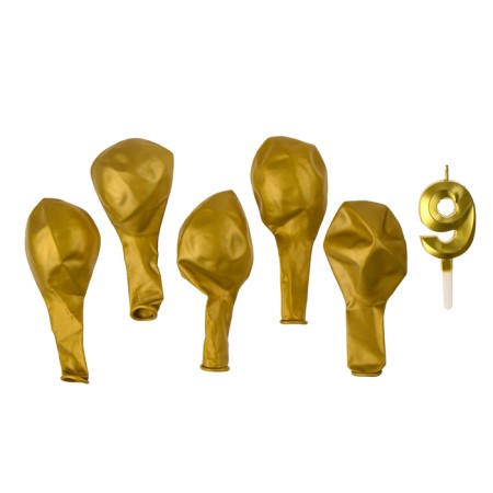 Set of candle in a cake + 5 balls, number 9, gold-2
