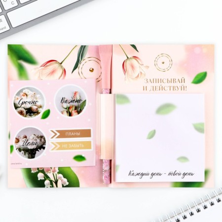 Set "since March 8", paper block 30 liters, blue paste pen 1.0 mm and 5 pcs of stickers-1