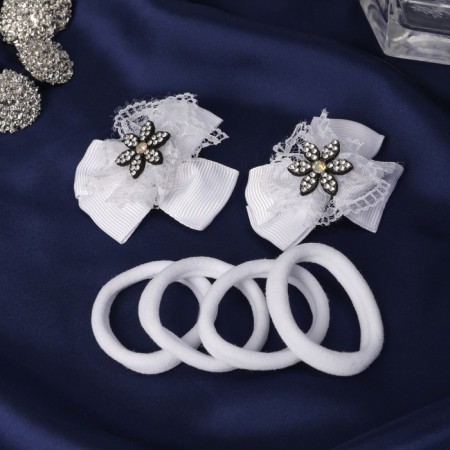 Hair Set "Bow Rhubes" (2 clamps, 4 elastic bands) Flower, white-1