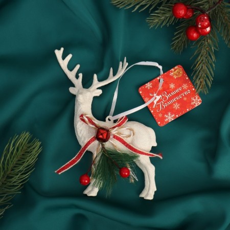 Christmas tree decoration "Snow deer with a tambourine" 10x15 cm, white-1