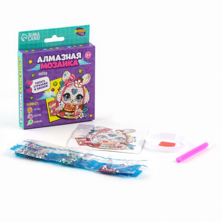 Diamond mosaic sticker for children "Cute Bunny", 9 x 9 cm, set for creativity-1