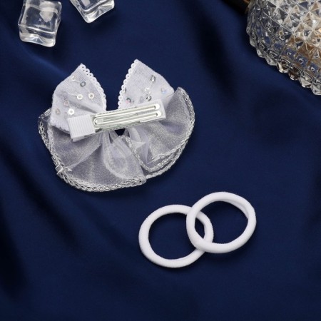 Hair Set "Schoolgirl" (clamp 7 cm, 2 gum 3.5 cm) sequins bow, white-2