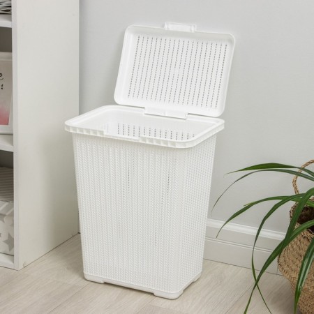Besnaya basket with a “knitted weaving” lid, 25 l, 37 × 27.5 × 46.5 cm, white color-2