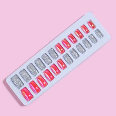 Overhead nails, 24 pcs, with adhesive plates, shape soft square, silver color/holography-5