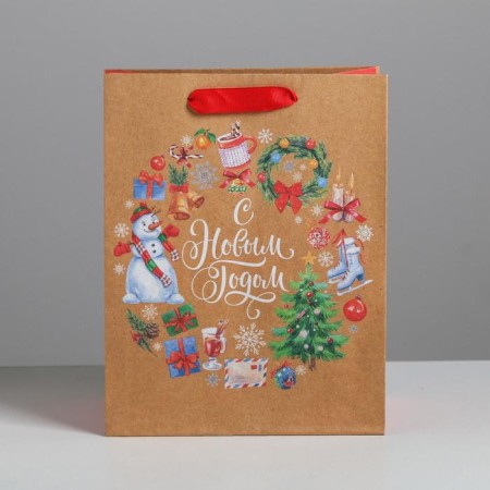 Craft vertical “Wreath” package, MS 18 x 23 x 10 cm, New Year-2