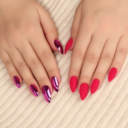 Patch nails, 12 pcs, with adhesive plates, almond shape, matte/chrome, red, pink-6
