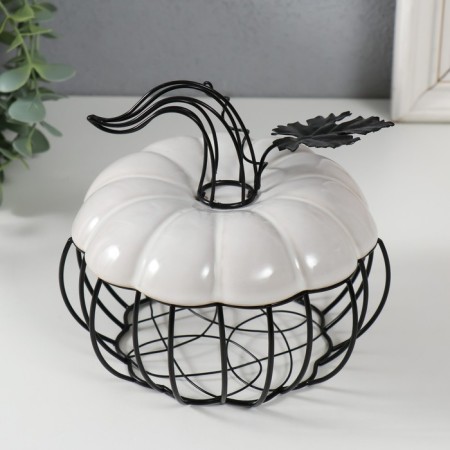 Casket Metal, ceramics "Pumpkin with a leaf" White with black 14x14x13 cm-1