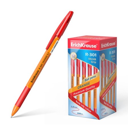 Ballpoint handle Erich Krause R-301 Orange Stick & Grip, Node 0.7 mm, red, rubber emphasis, letter line 1000 meters