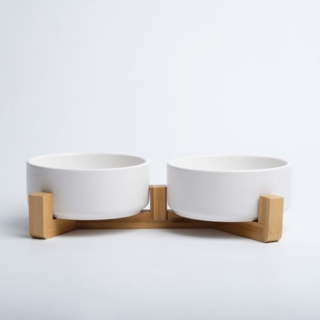 Double ceramic bowls on a stand of 2 x 450 ml 28.5 x 15.5 x 7 cm, white-3
