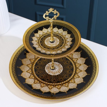 Eboe, 2 levels: d = 18 cm, d = 30 cm, black color with beige and gold, glass-1