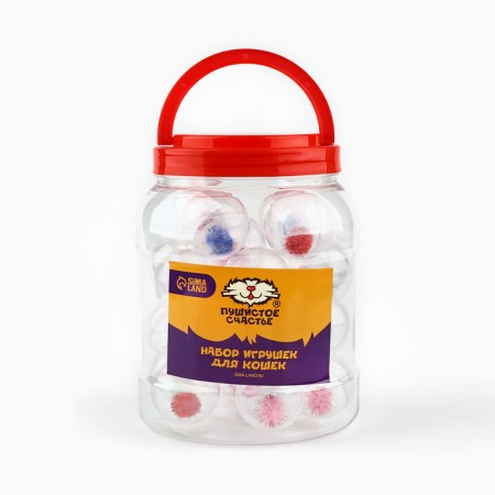 Ball for cats with a pomp, 4 cm, packing in a jar of 25 pcs, mix-1