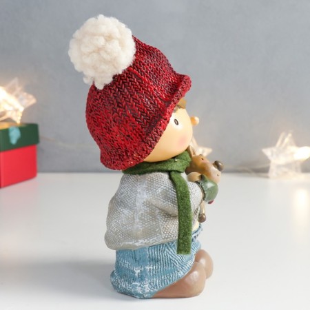 Souvenir Polystone "Boy in a red cap with a deer in his hands" 10x8.5x16 cm-1
