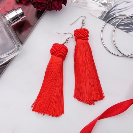 Earrings "Brushes" romance, red color in silver, brush length 9 cm-1