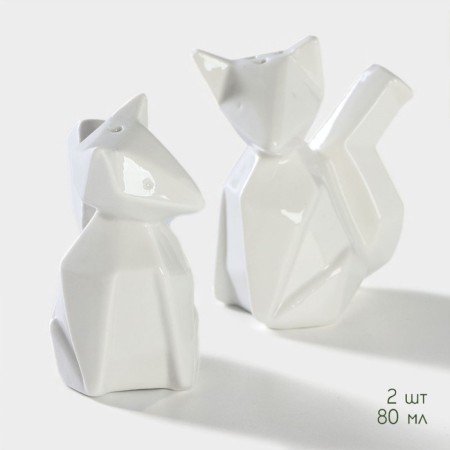 Porcelain set for spices on the bamboo stand Bellatenero “Fox”, 3 objects: Solonka 80 ml, List 80 ml, stand, white color-2