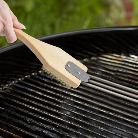 Grill brush, 28 × 6 × 1.6 cm, beech, brass pile, 77 bundles, stainless steel scraper-3