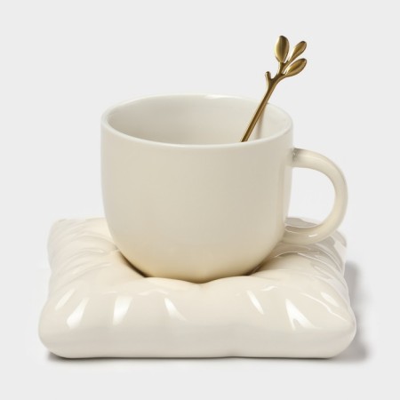 Tea couple ceramic with a spoon "Zephar", 2 items: a cup 250 ml, a saucer d = 13 cm, beige color