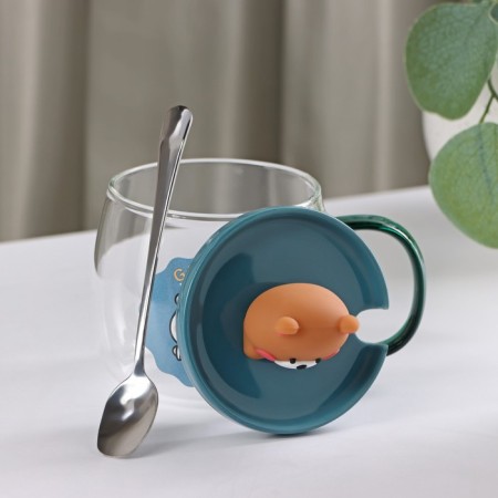 Glass mug with a ceramic lid and a spoon of Teddy, 350 ml-1