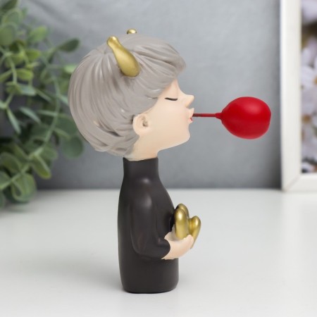 Souvenir Polystone "Girl with deer horns with red bubble, with hearts" 12x7x9 cm-2